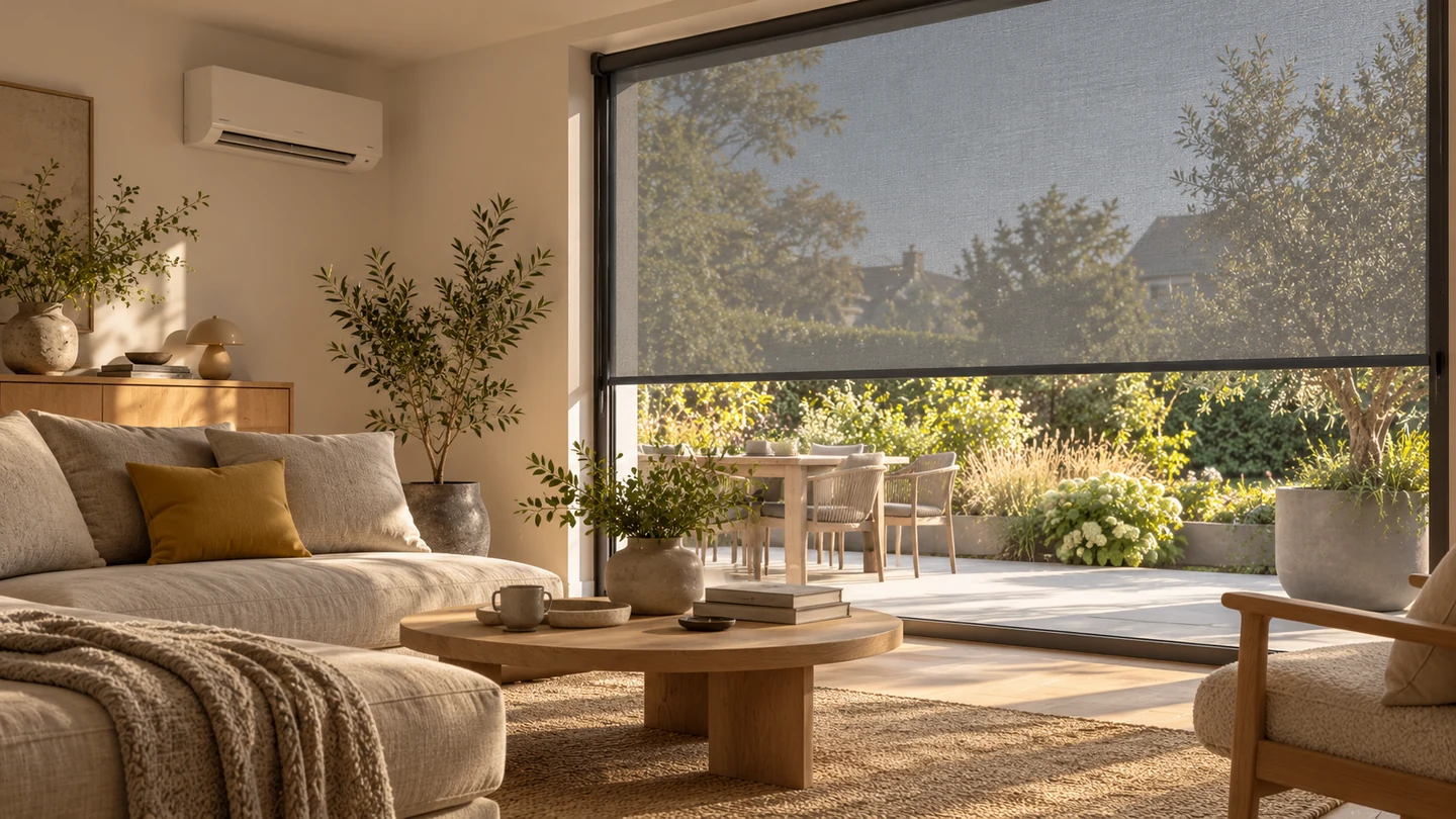 Illustratie van een woonkamer met airco en een deels neergelaten screen voor het raam